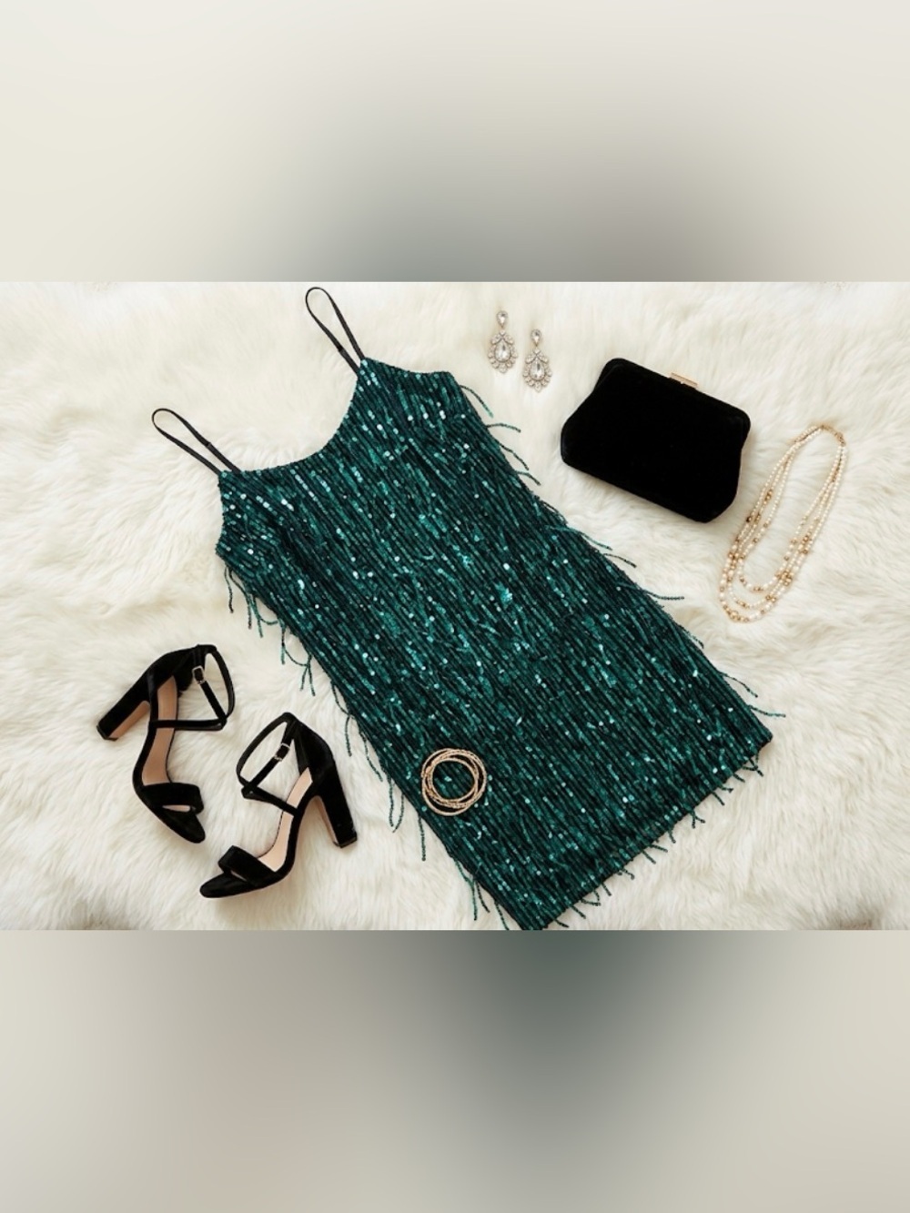 Emerald Green Sequin Fringe Slip Dress